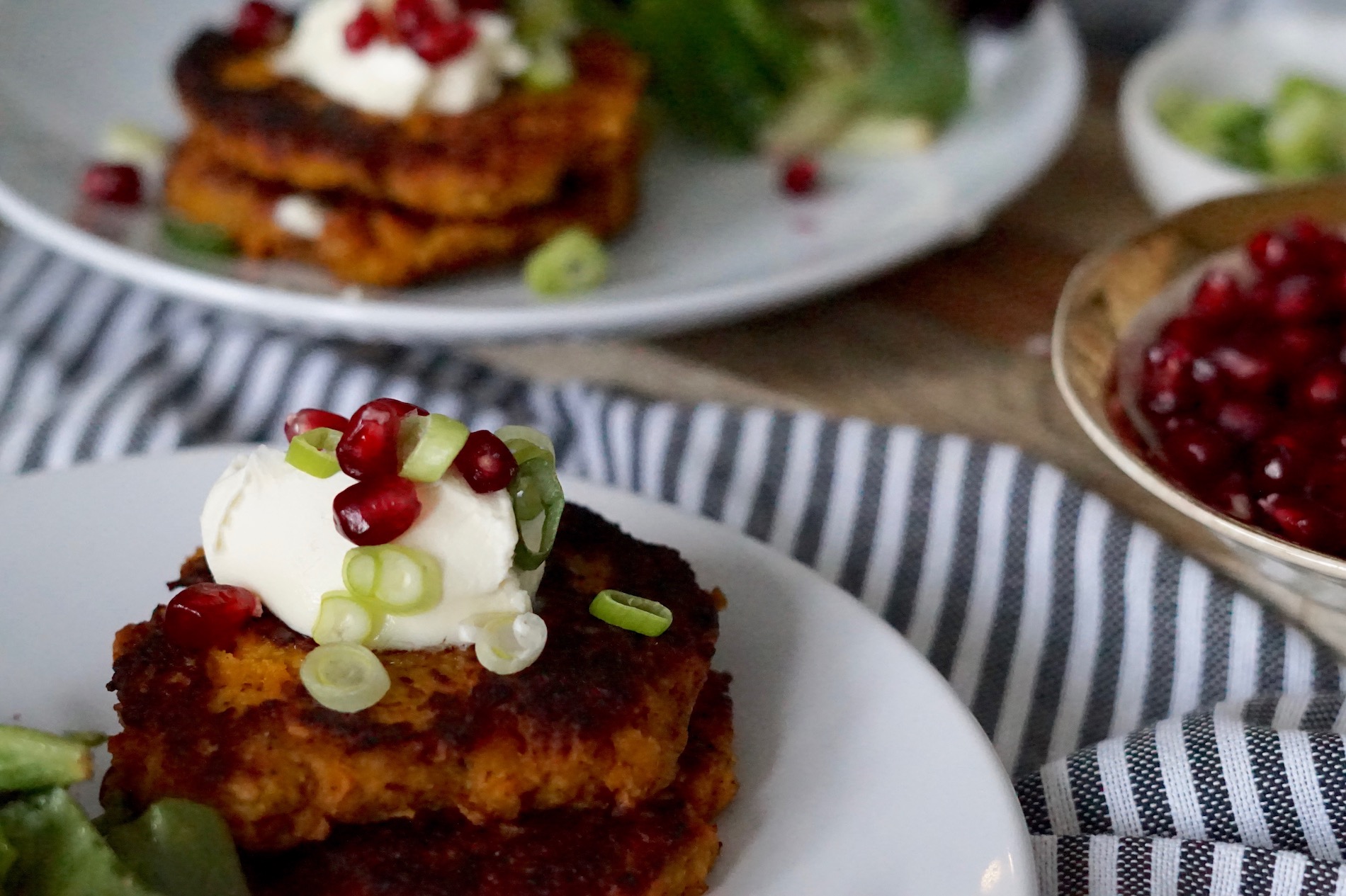 butternut squash cakes with mascarpone and pomegranate seeds