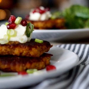 butternut squash cakes with mascarpone and pomegranate seeds