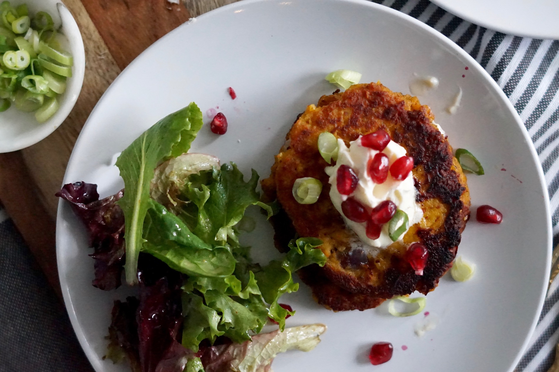 butternut squash cakes with mascarpone and pomegranate seeds