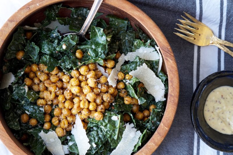 Kale Caesar Salad with Crispy Chickpeas