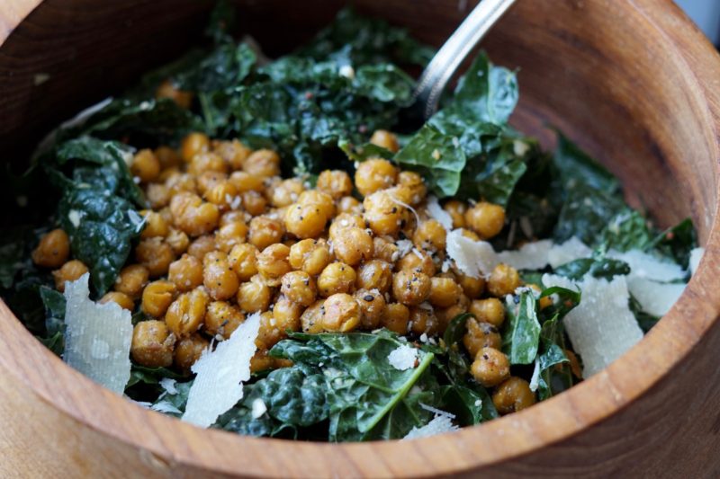 Kale Caesar Salad with Crispy Chickpeas