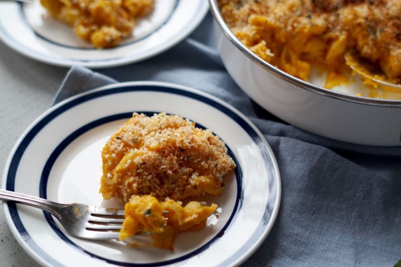 Gluten free butternut squash mac and cheese in a pan.