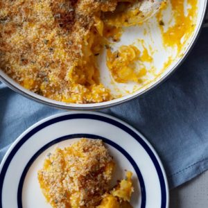 Gluten free butternut squash mac and cheese in a pan.