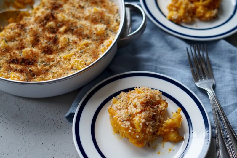 Gluten free butternut squash mac and cheese in a pan.