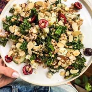 farro kale salad with cherries and gorgonzola