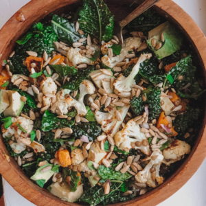 chilled lentil salad with kale sunflower seeds cauliflower and butternut squash