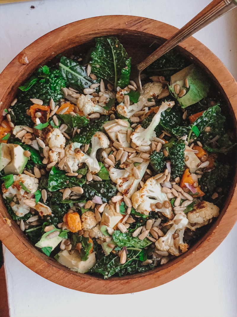 chilled lentil salad with kale sunflower seeds cauliflower and butternut squash