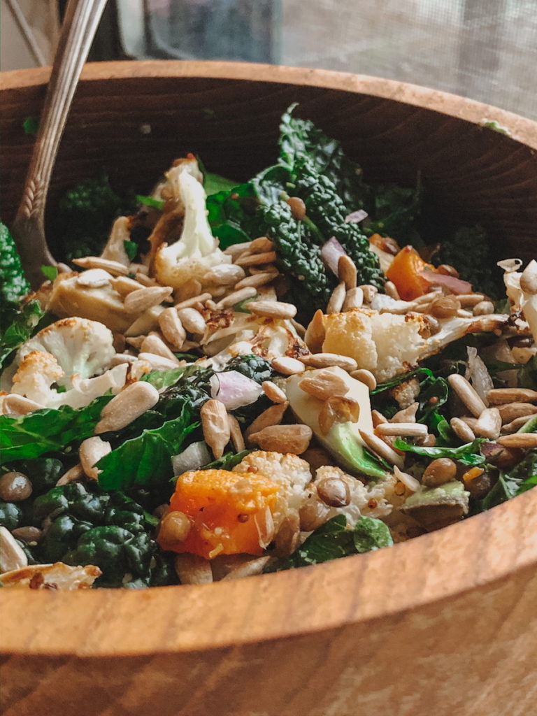 chilled lentil salad with kale sunflower seeds cauliflower and butternut squash