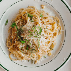 vegan creamy corn pasta with basil