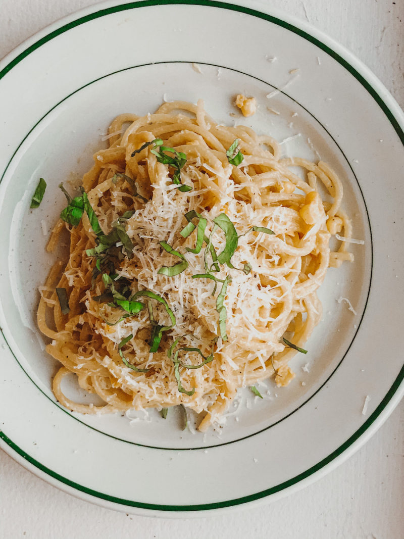 vegan creamy corn pasta with basil