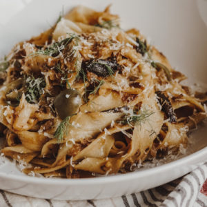 black garlic eggplant pasta with fennel and olives