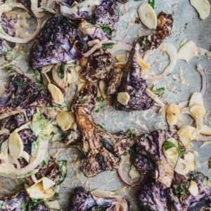 warm tahini cauliflower sheet pan salad