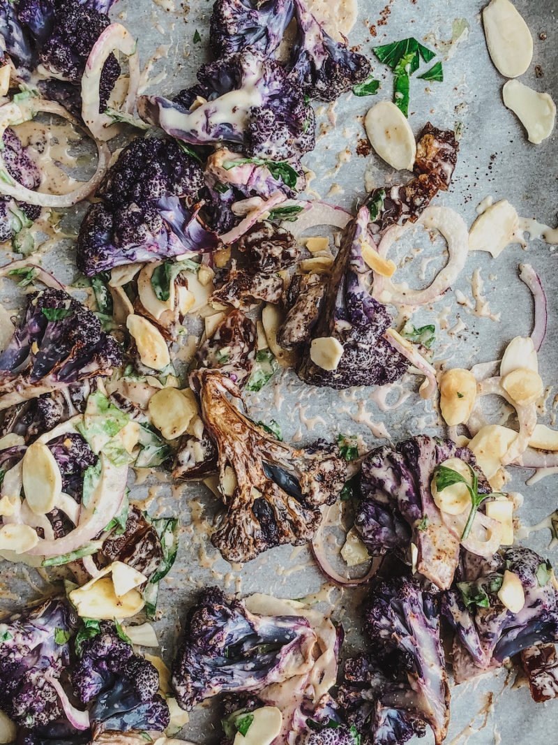 warm tahini cauliflower sheet pan salad