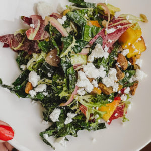 Kale salad with nectarines feta and basil vinaigrette