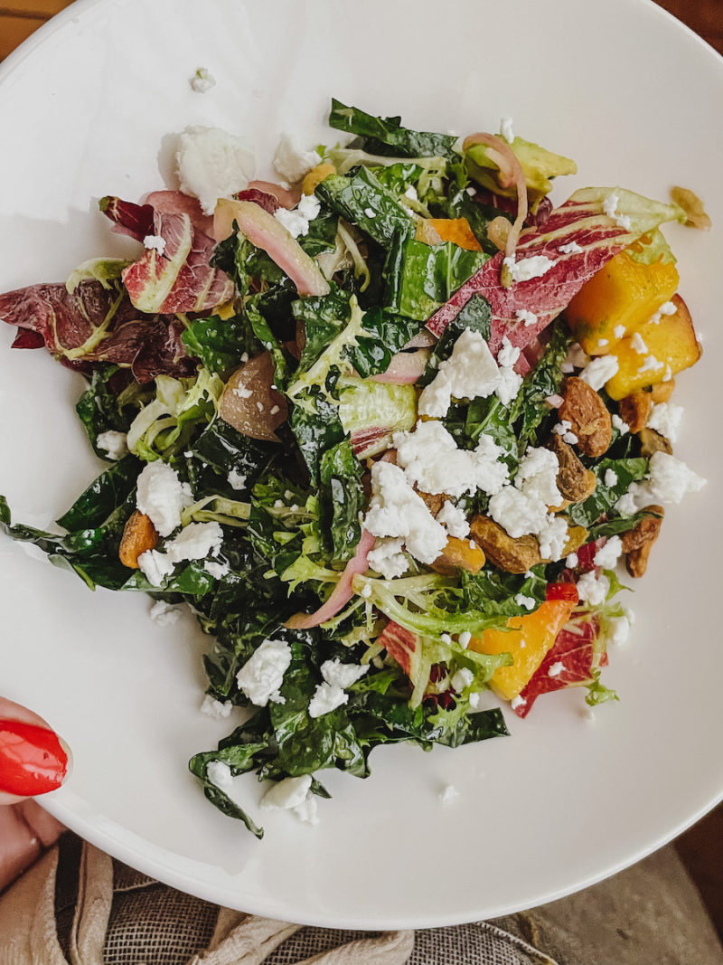 Kale salad with nectarines feta and basil vinaigrette